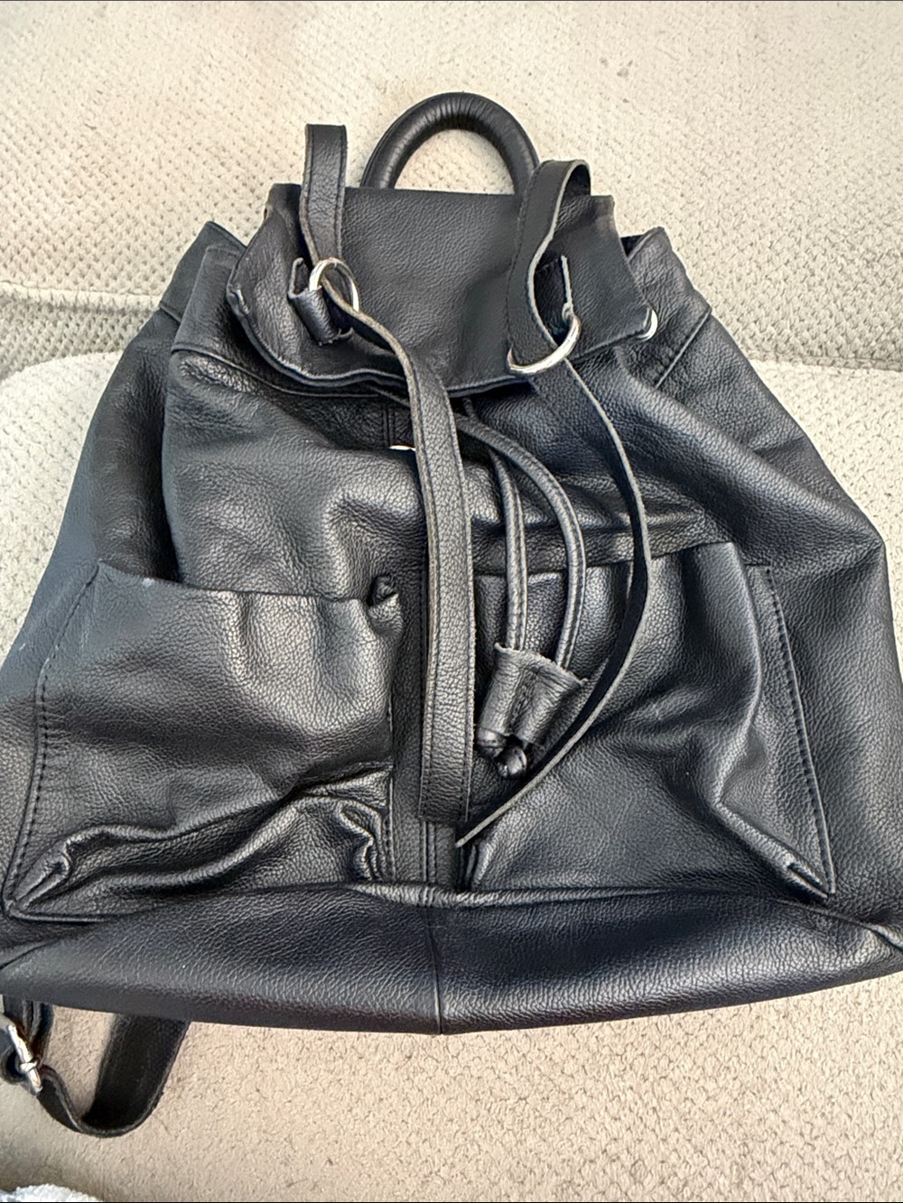 Black Leather Drawstring Backpack - Contemporary Everyday Carry